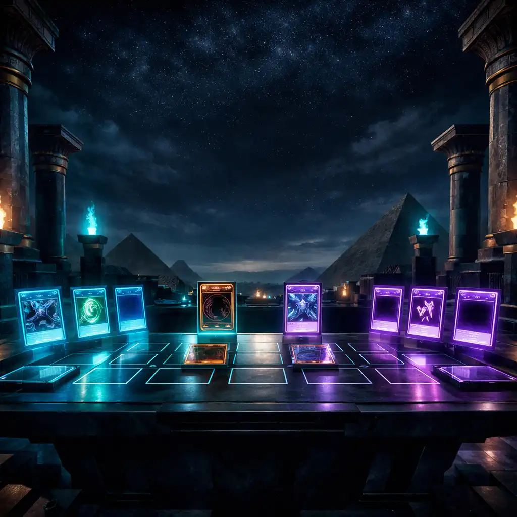 Yu-Gi-Oh! MASTER DUEL párbajtér izzó holografikus kártyákkal és ősi egyiptomi oszlopokkal