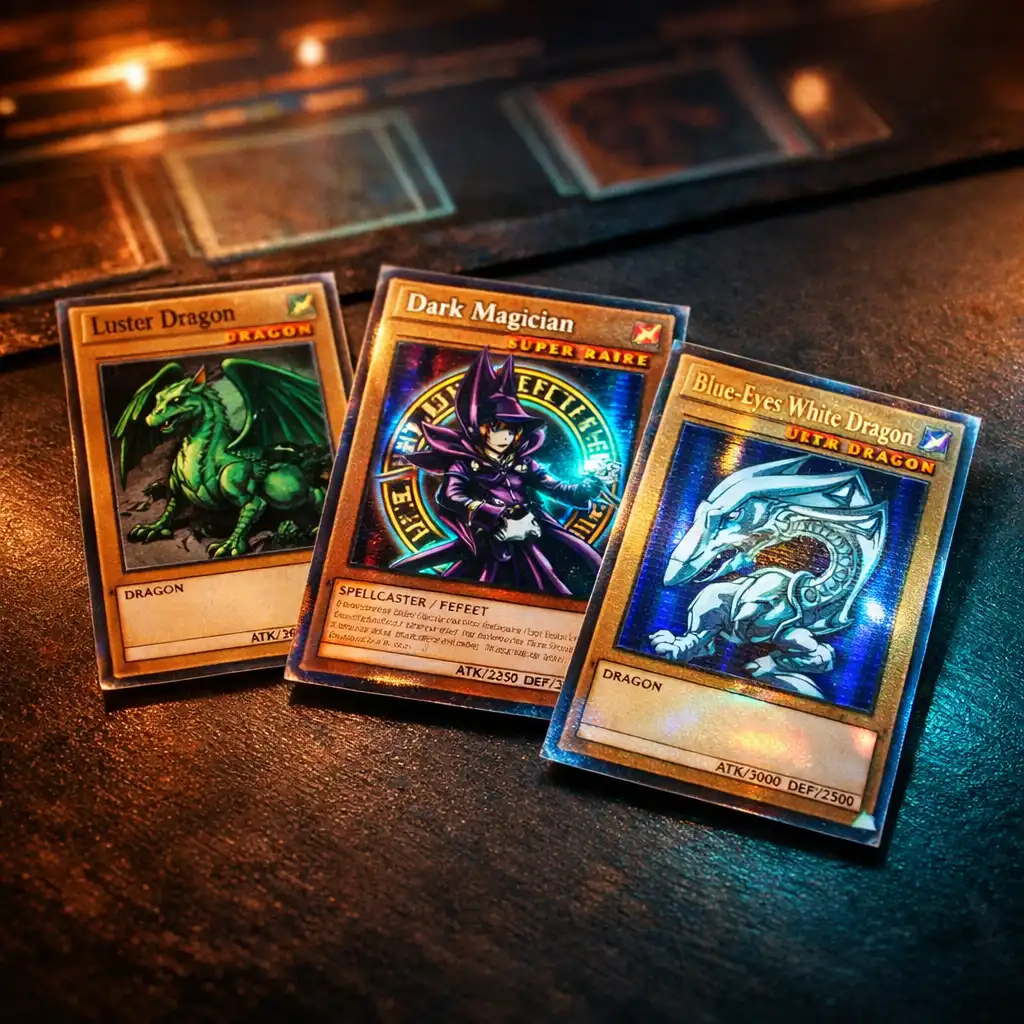 Három különböző ritkaságú Yu-Gi-Oh! kártya fekszik egy sötét asztalon, holografikus fóliával