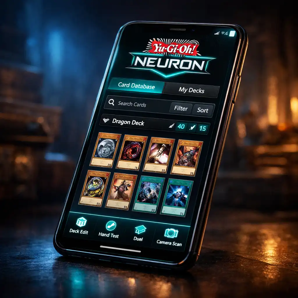 A Yu-Gi-Oh! Neuron alkalmazás felülete egy okostelefonon, kártyaadatbázist és Deckkezelést mutatva