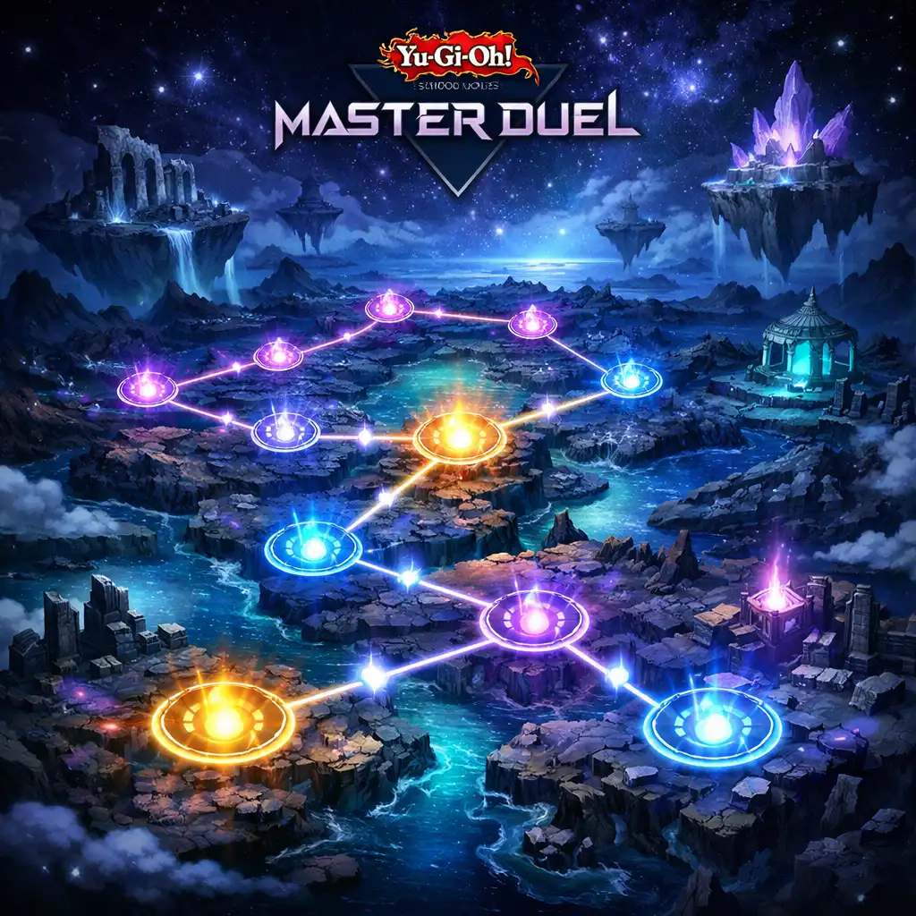 Yu-Gi-Oh! MASTER DUEL Solo Mode kampánytérkép izzó csomópontokkal és misztikus világgal