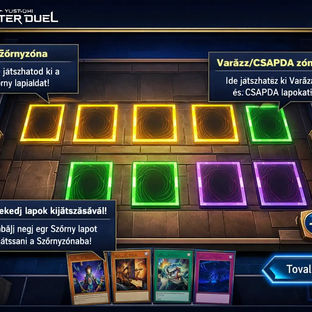 Yu-Gi-Oh! MASTER DUEL oktatóanyag felülete kiemelt zónákkal és magyar nyelvű utasításokkal